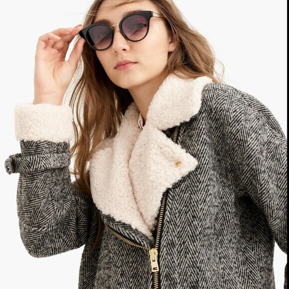 J.Crew Moto Jacket Oversized Herringbone Teddy Sherpa Silk Lined - Picture 2 of 10